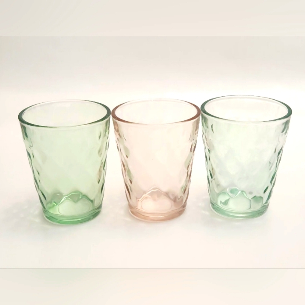 Vintage Diamond Optic Juice Glass Tumblers Set Of 3 In Green & Pink 6oz